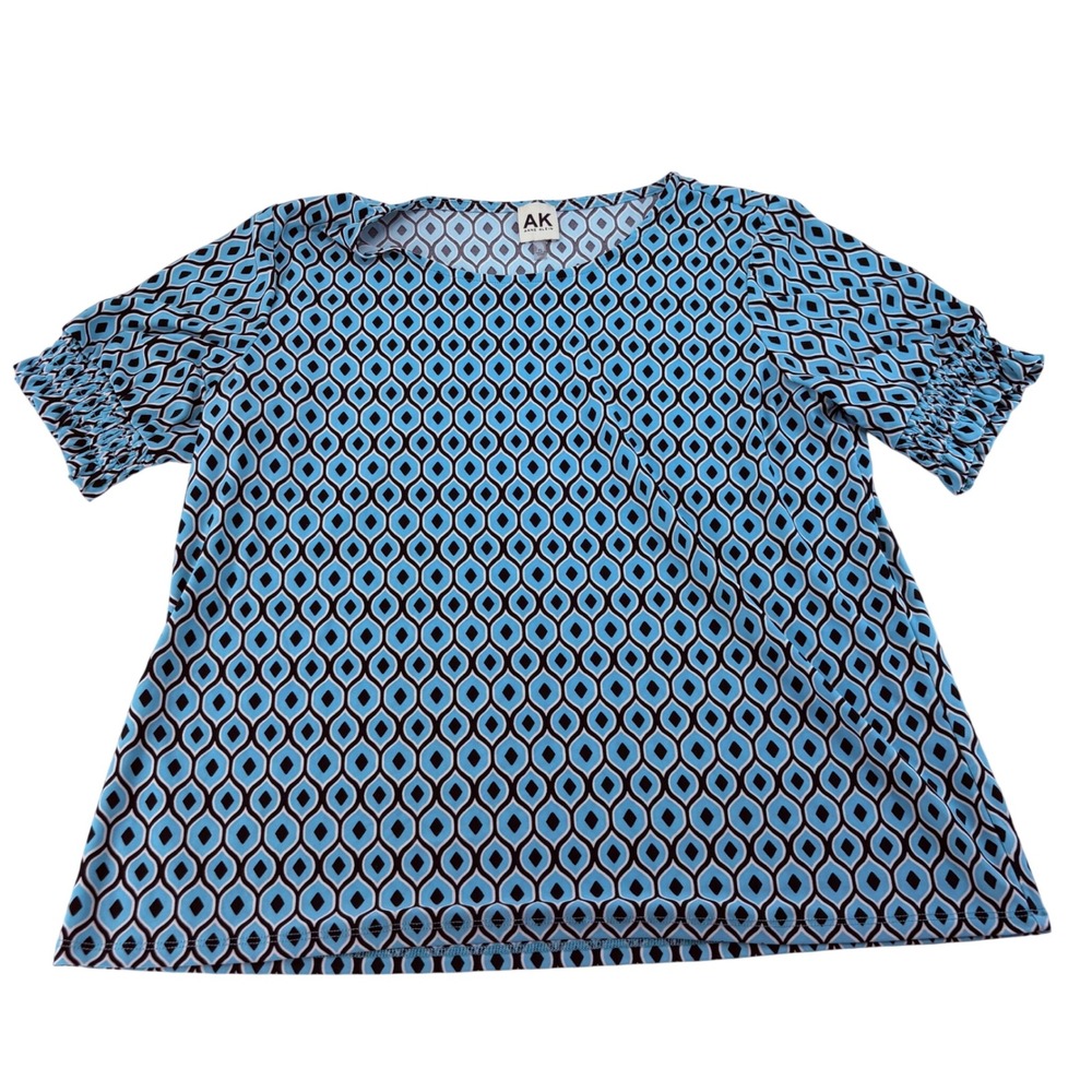 Anne Klein Blue Black‎ Geometric Ogee Print Smocked Sleeve Top Blouse Petite PL